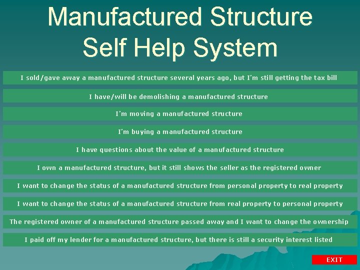 Manufactured Structure Self Help System I sold/gave away a manufactured structure several years ago,