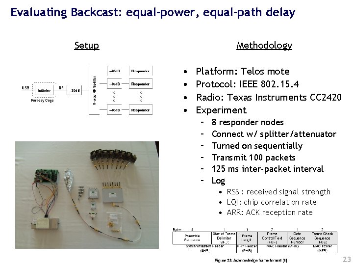 Evaluating Backcast: equal-power, equal-path delay Setup Methodology • • Platform: Telos mote Protocol: IEEE