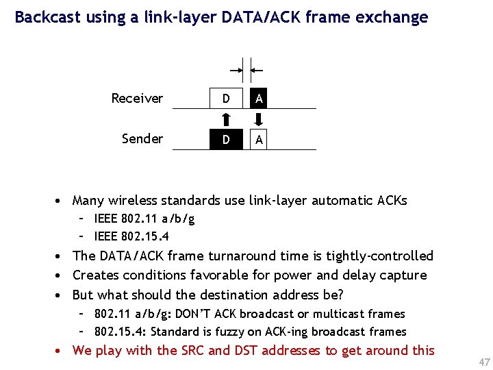 Backcast using a link-layer DATA/ACK frame exchange Receiver D A Sender D A •