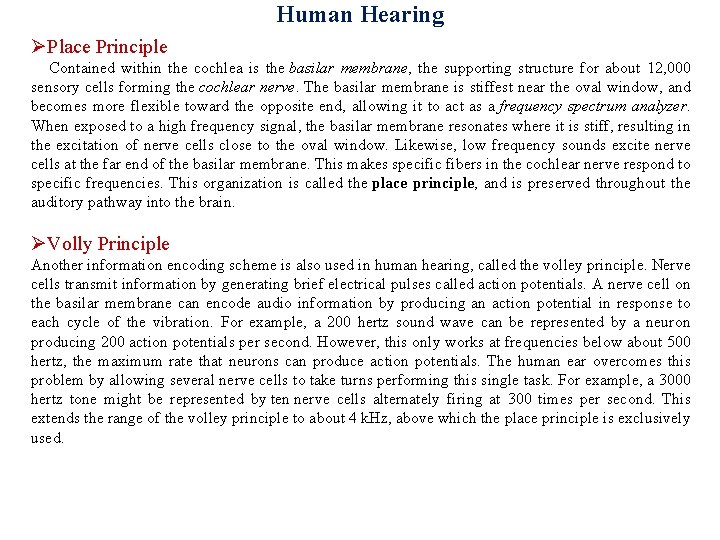 Human Hearing ØPlace Principle Contained within the cochlea is the basilar membrane, the supporting