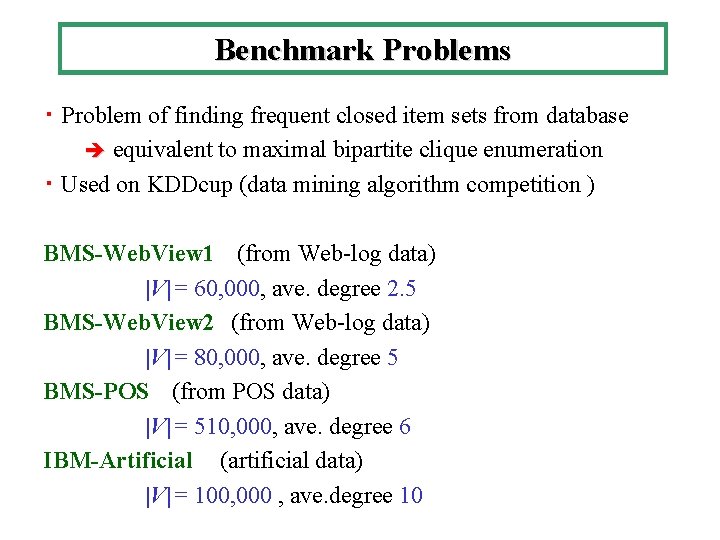 Benchmark Problems ・ Problem of finding frequent closed item sets from database equivalent to