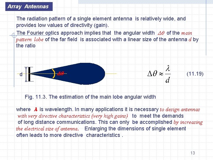 Array Antennas The radiation pattern of a single element antenna is relatively wide, and