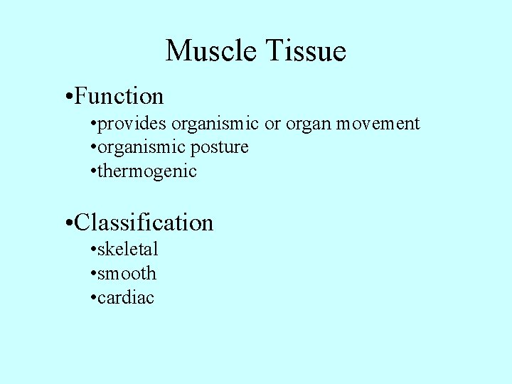 Muscle Tissue • Function • provides organismic or organ movement • organismic posture •