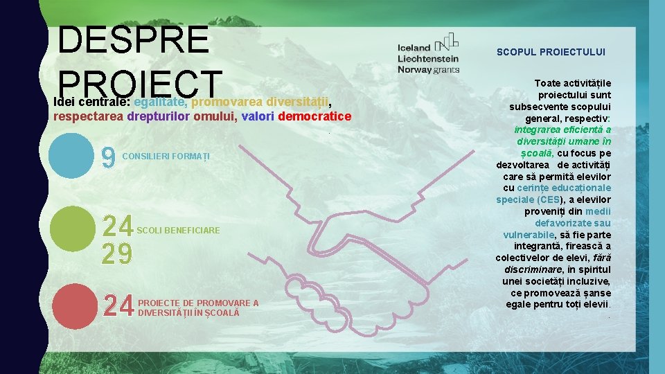 DESPRE PROIECT SCOPUL PROIECTULUI Idei centrale: egalitate, promovarea diversității, respectarea drepturilor omului, valori democratice.