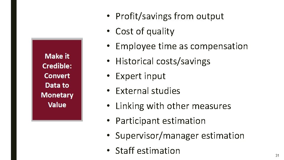 • • • Profit/savings from output Cost of quality Employee time as compensation • • • Profit/savings from output Cost of quality Employee time as compensation
