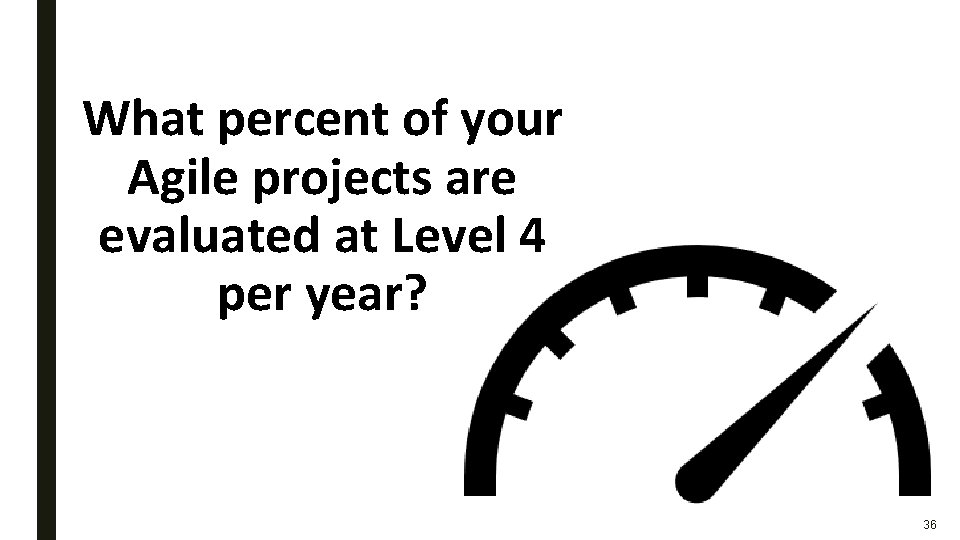 What percent of your Agile projects are evaluated at Level 4 per year? 36 What percent of your Agile projects are evaluated at Level 4 per year? 36