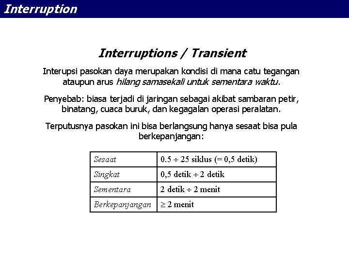 Interruptions / Transient Interupsi pasokan daya merupakan kondisi di mana catu tegangan ataupun arus