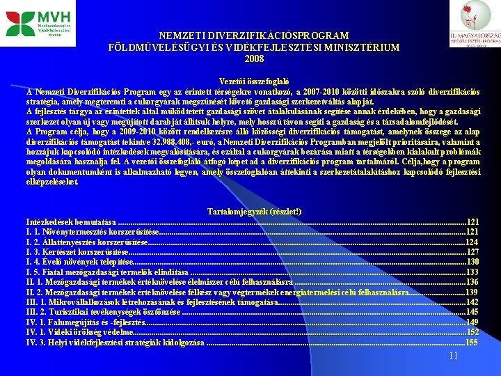 NEMZETI DIVERZIFIKÁCIÓSPROGRAM FÖLDMŰVELÉSÜGYI ÉS VIDÉKFEJLESZTÉSI MINISZTÉRIUM 2008 Vezetői összefoglaló A Nemzeti Diverzifikációs Program egy