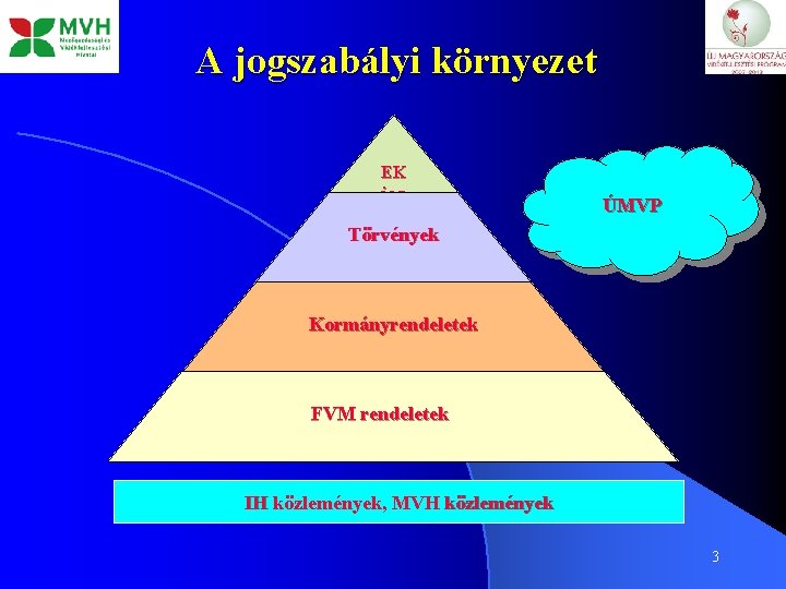 A jogszabályi környezet EK jog ÚMVP Törvények Kormányrendeletek FVM rendeletek IH közlemények, MVH közlemények