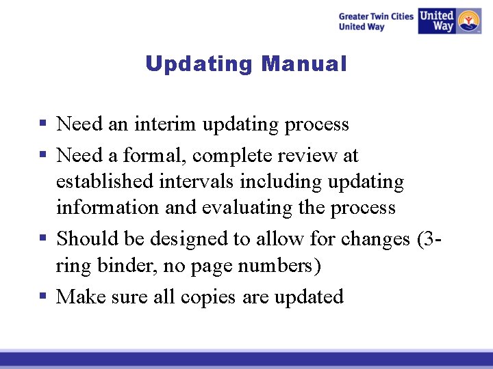 Updating Manual § Need an interim updating process § Need a formal, complete review