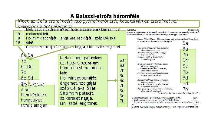 A Balassi-strófa háromféle Kiben az Célia szerelméérttördelésben való gyötrelméről szól, hasonlítván az szerelmet hol