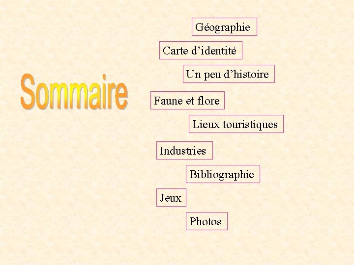 Géographie Carte d’identité Un peu d’histoire Faune et flore Lieux touristiques Industries Bibliographie Jeux