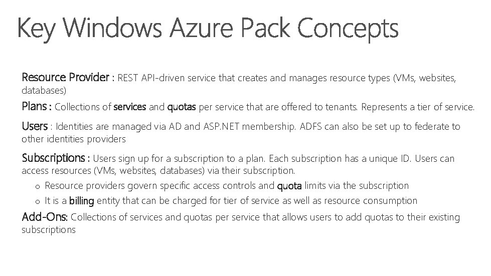Resource Provider : REST API-driven service that creates and manages resource types (VMs, websites,