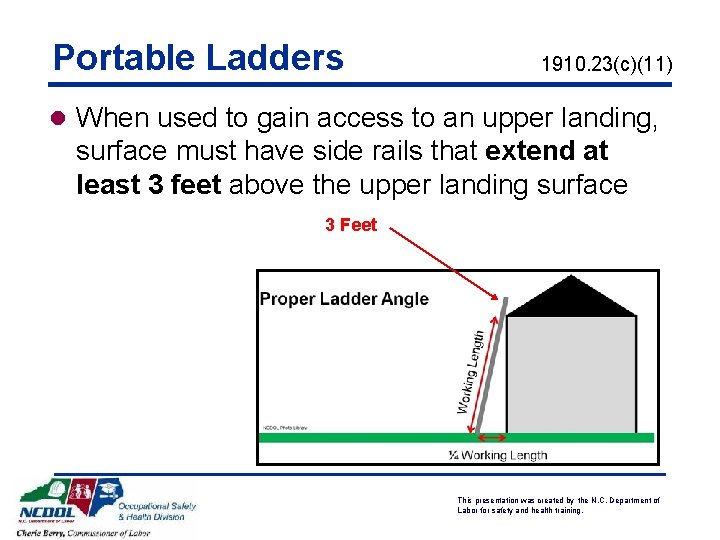 Portable Ladders 1910. 23(c)(11) l When used to gain access to an upper landing,