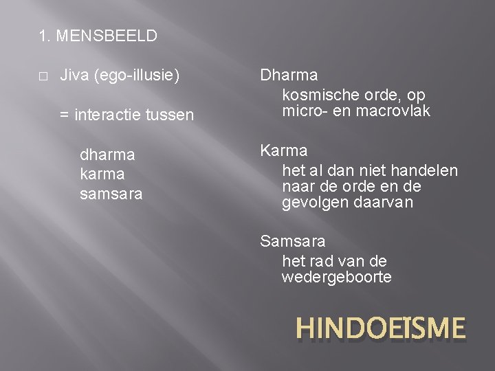 1. MENSBEELD � Jiva (ego-illusie) = interactie tussen dharma karma samsara Dharma kosmische orde,