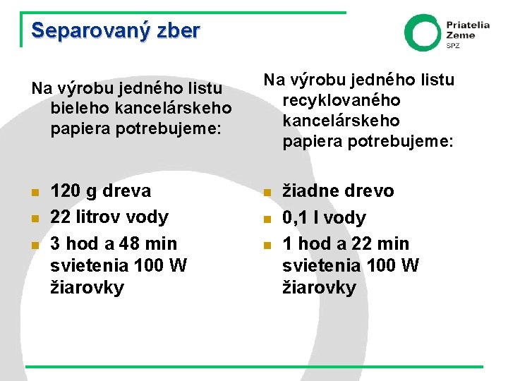 Separovaný zber Na výrobu jedného listu bieleho kancelárskeho papiera potrebujeme: n n n 120