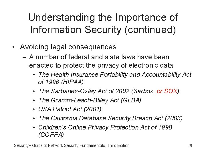 Understanding the Importance of Information Security (continued) • Avoiding legal consequences – A number
