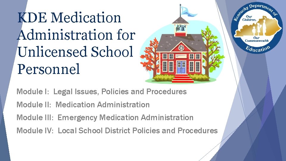 KDE Medication Administration for Unlicensed School Personnel Module I: Legal Issues, Policies and Procedures