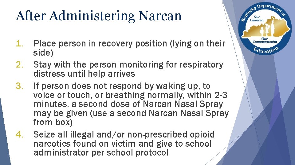 After Administering Narcan 1. 2. 3. 4. Place person in recovery position (lying on