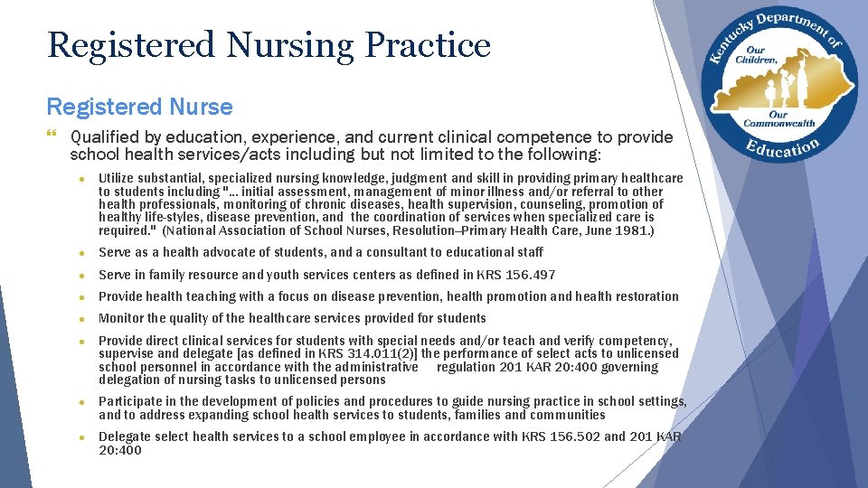 Registered Nursing Practice Registered Nurse } Qualified by education, experience, and current clinical competence