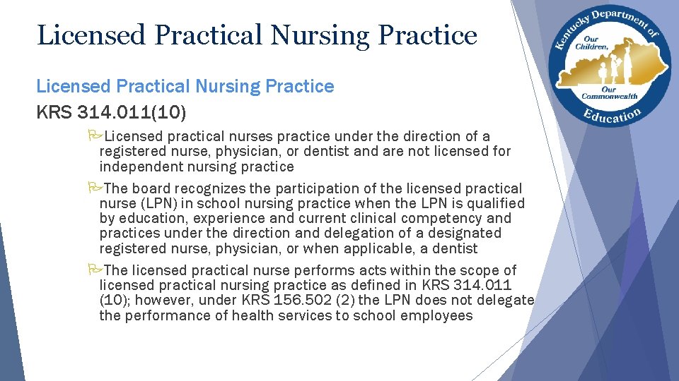 Licensed Practical Nursing Practice KRS 314. 011(10) Licensed practical nurses practice under the direction