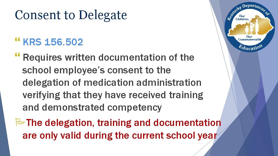 Consent to Delegate } KRS 156. 502 } Requires written documentation of the school