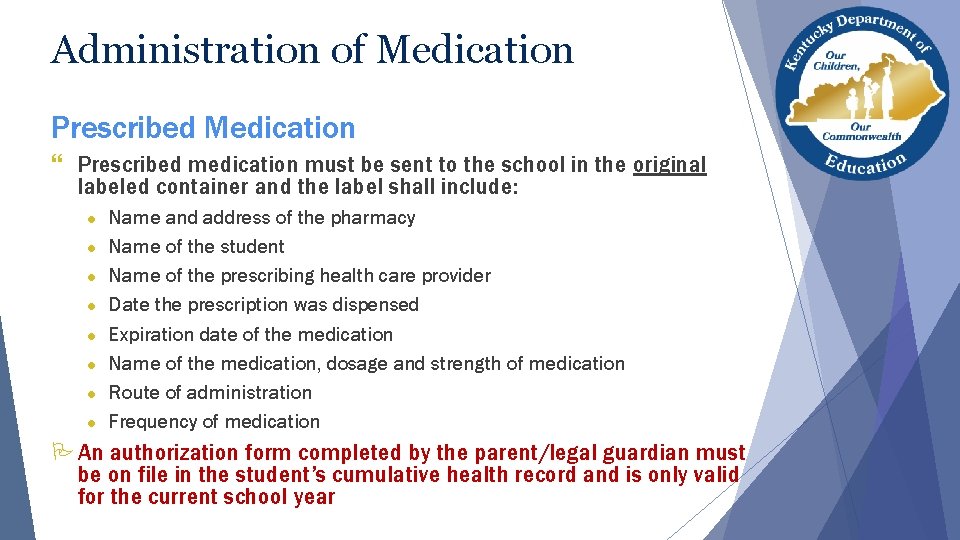 Administration of Medication Prescribed Medication } Prescribed medication must be sent to the school