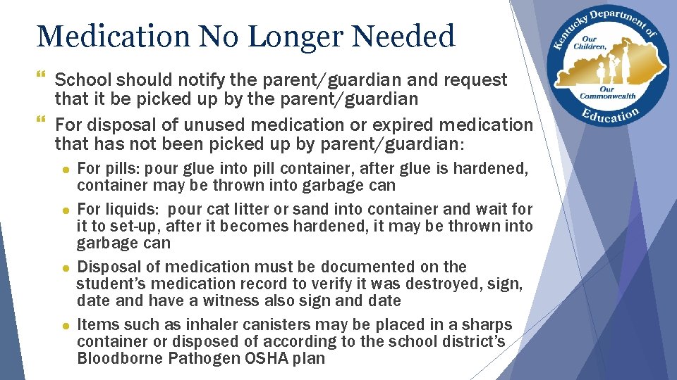 Medication No Longer Needed } School should notify the parent/guardian and request that it