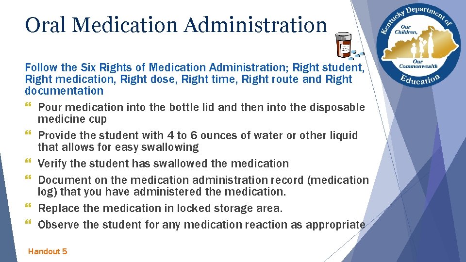 Oral Medication Administration Follow the Six Rights of Medication Administration; Right student, Right medication,