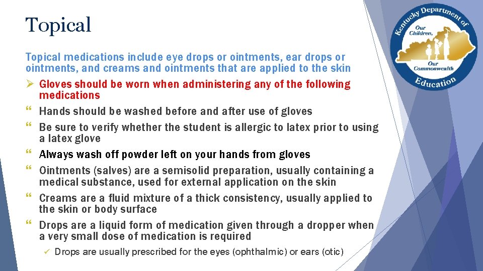 Topical medications include eye drops or ointments, ear drops or ointments, and creams and