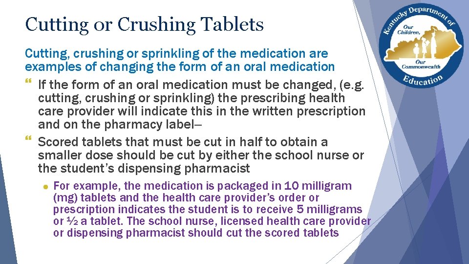 Cutting or Crushing Tablets Cutting, crushing or sprinkling of the medication are examples of