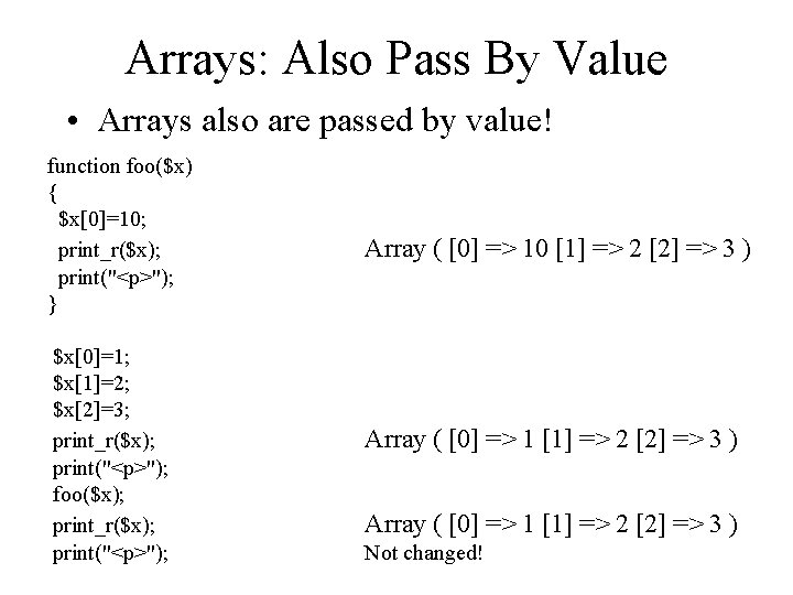 Arrays: Also Pass By Value • Arrays also are passed by value! function foo($x)