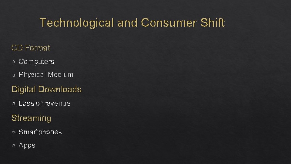 Technological and Consumer Shift CD Format Computers Physical Medium Digital Downloads Loss of revenue