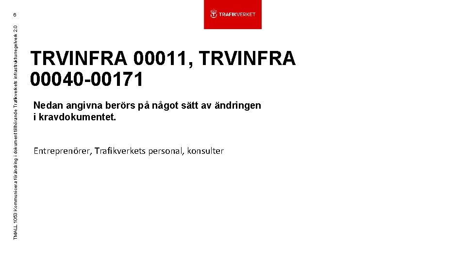 TMALL 1053 Kommunicera förändring i dokument tillhörande Trafikverkets infrastrukturregelverk 2. 0 6 TRVINFRA 00011,