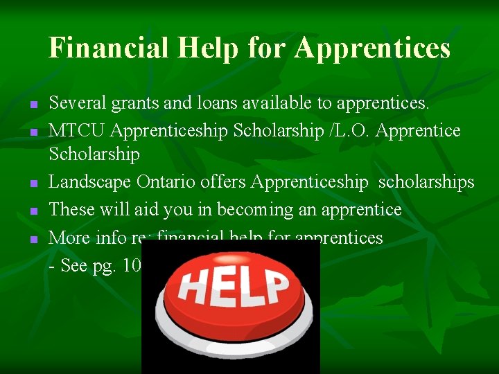 Financial Help for Apprentices n n n Several grants and loans available to apprentices.