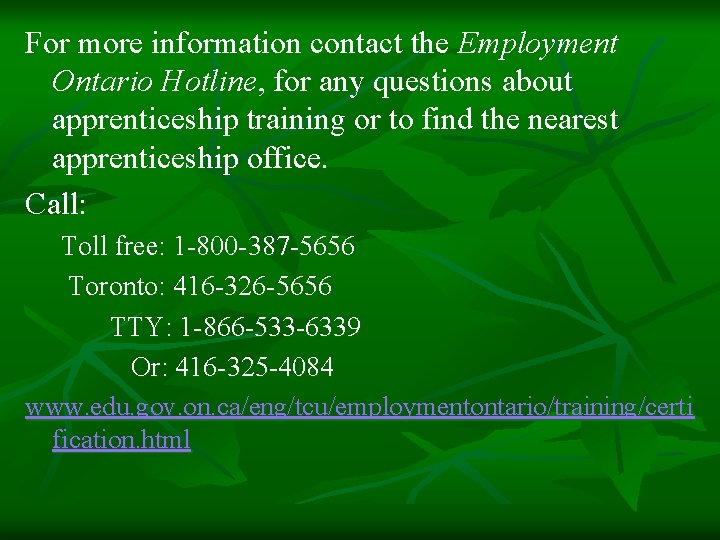 For more information contact the Employment Ontario Hotline, for any questions about apprenticeship training