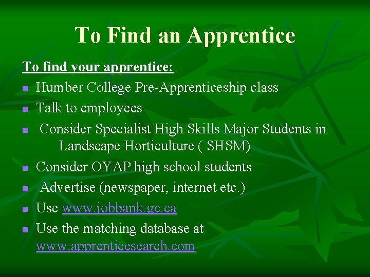 To Find an Apprentice To find your apprentice: n Humber College Pre-Apprenticeship class n