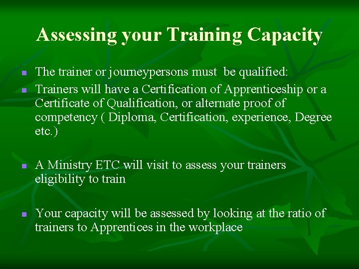 Assessing your Training Capacity n n The trainer or journeypersons must be qualified: Trainers