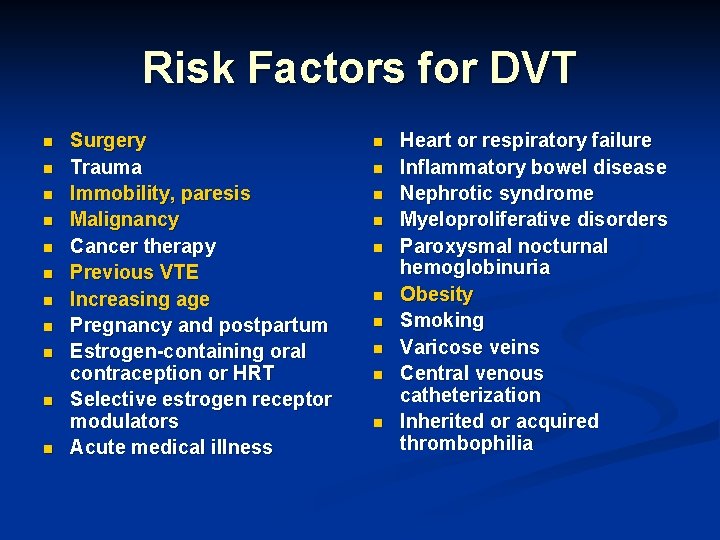 Risk Factors for DVT n n n Surgery Trauma Immobility, paresis Malignancy Cancer therapy