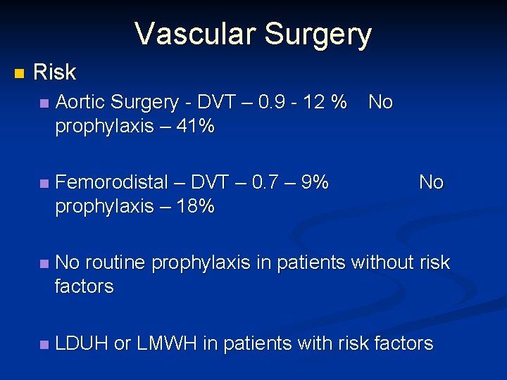 Vascular Surgery n Risk n Aortic Surgery - DVT – 0. 9 - 12