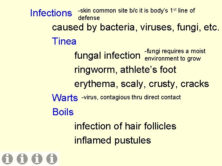 -skin common site b/c it is body’s 1 st line of defense Infections caused