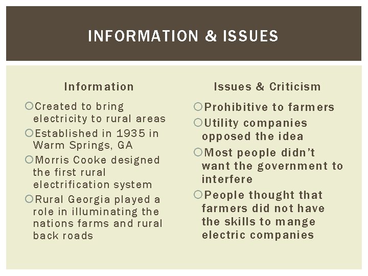 INFORMATION & ISSUES Information Created to bring electricity to rural areas Established in 1935