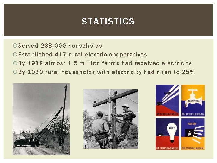 STATISTICS Served 288, 000 households Established 417 rural electric cooperatives By 1938 almost 1.