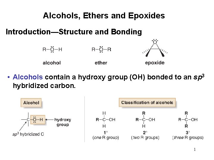 Alcohols, Ethers and Epoxides Introduction—Structure and Bonding • Alcohols contain a hydroxy group (OH)