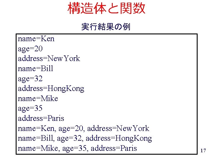 構造体と関数 実行結果の例 name=Ken age=20 address=New. York name=Bill age=32 address=Hong. Kong name=Mike age=35 address=Paris name=Ken,