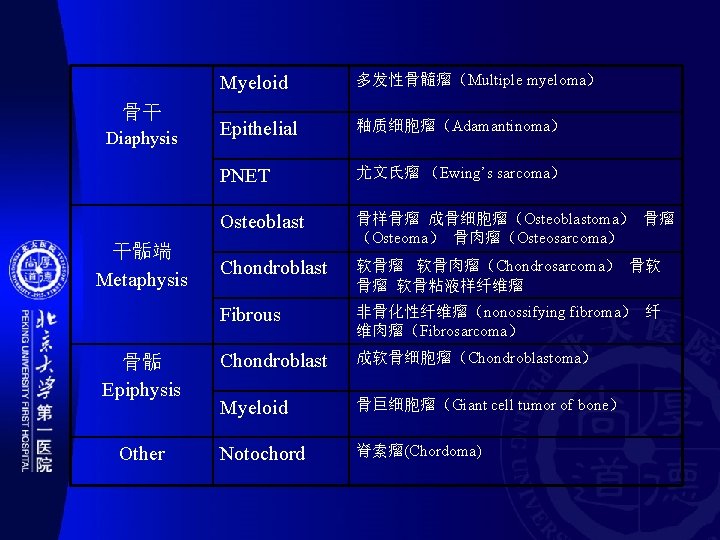 骨干 Diaphysis 干骺端 Metaphysis 骨骺 Epiphysis Other Myeloid 多发性骨髓瘤（Multiple myeloma） Epithelial 釉质细胞瘤（Adamantinoma） PNET 尤文氏瘤