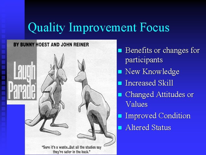 Quality Improvement Focus n n n Benefits or changes for participants New Knowledge Increased