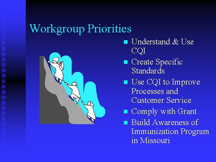 Workgroup Priorities n n n Understand & Use CQI Create Specific Standards Use CQI