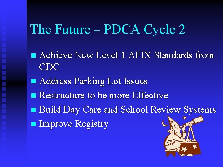 The Future – PDCA Cycle 2 Achieve New Level 1 AFIX Standards from CDC