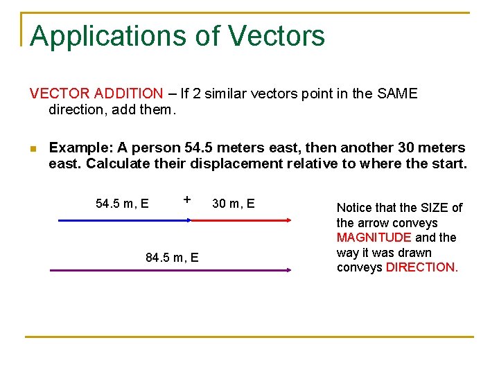 Applications of Vectors VECTOR ADDITION – If 2 similar vectors point in the SAME